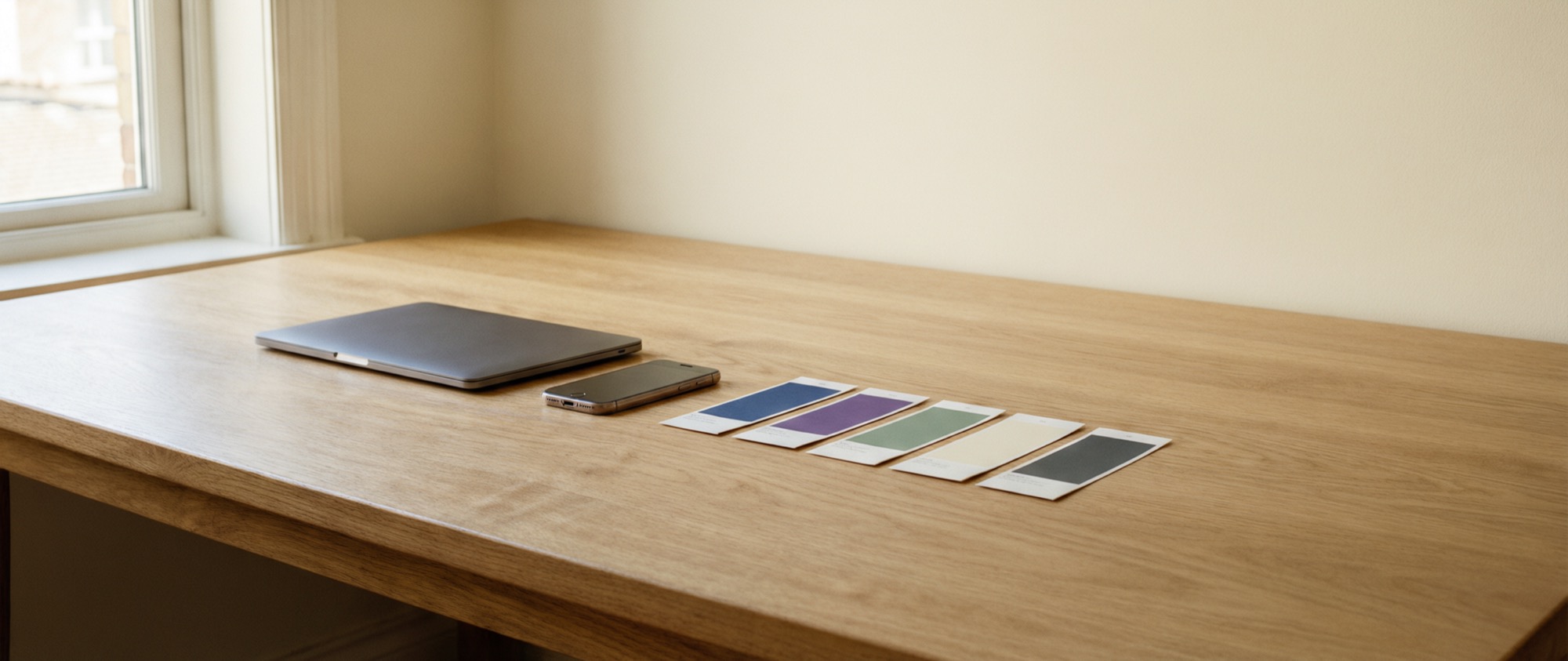 A minimal studio desk in soft window light with a laptop and printed color swatches