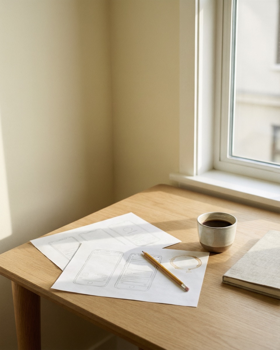 Morning light across a real designer's desk: paper sketches, a pencil and a cup of coffee
