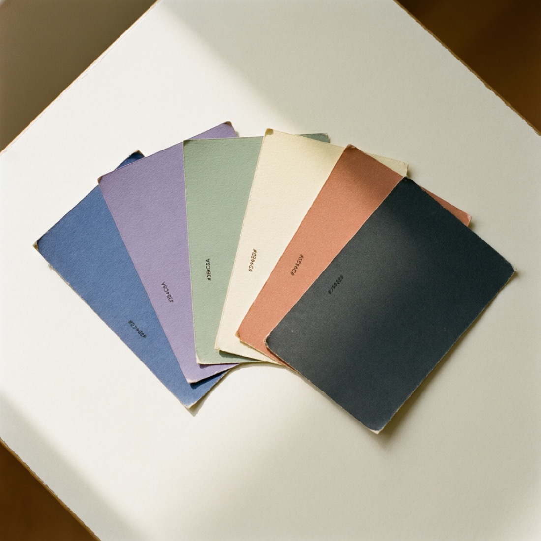 Printed color swatch cards fanned across a white table in daylight